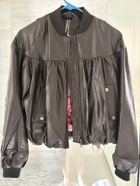 NWT By Anthropologie Faux Leather Crop Bubble Bomber Jacket